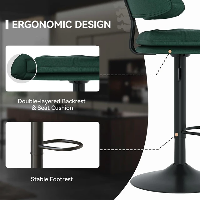 Alt view image 4 of 5 - Modern Bar Stools Set of 4, Spacious Ergonomic Double-Layer Cushion Upholstered Swivel Bar Stools with Backrest, Adjustable for Kitchen Island,Green