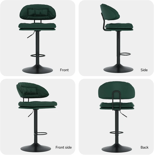 Alt view image 5 of 5 - Modern Bar Stools Set of 4, Spacious Ergonomic Double-Layer Cushion Upholstered Swivel Bar Stools with Backrest, Adjustable for Kitchen Island,Green