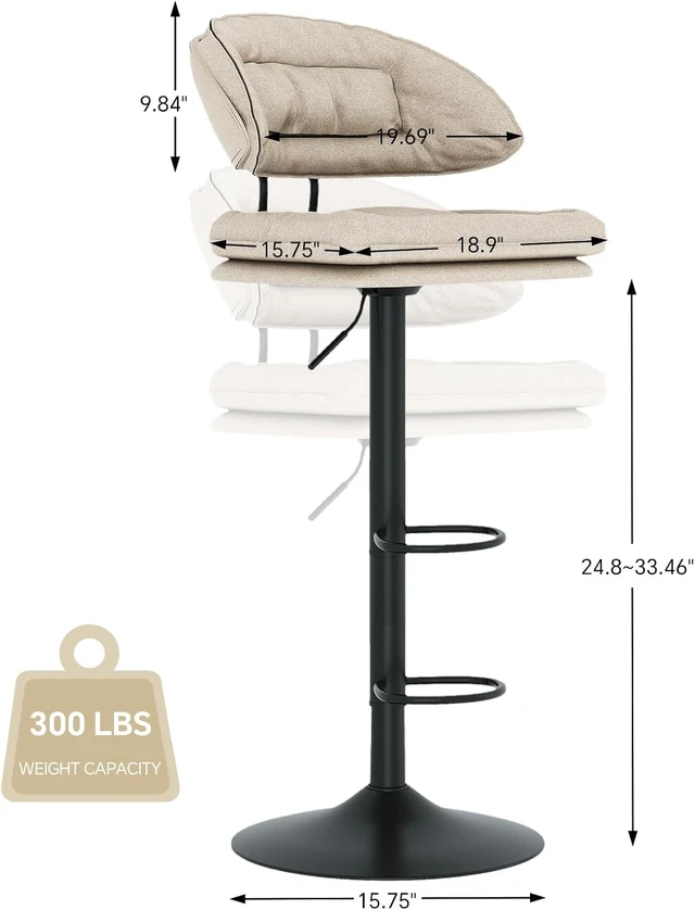 Alt view image 2 of 5 - Modern Bar Stools Set of 4, Spacious Ergonomic Double-Layer Cushion Upholstered Swivel Bar Stools with Backrest, Adjustable for Kitchen Island,Beige