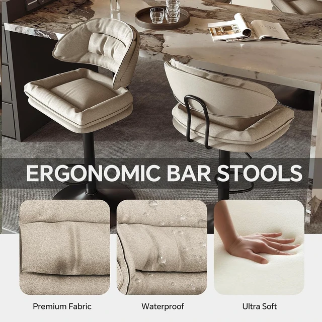 Alt view image 3 of 5 - Modern Bar Stools Set of 4, Spacious Ergonomic Double-Layer Cushion Upholstered Swivel Bar Stools with Backrest, Adjustable for Kitchen Island,Beige