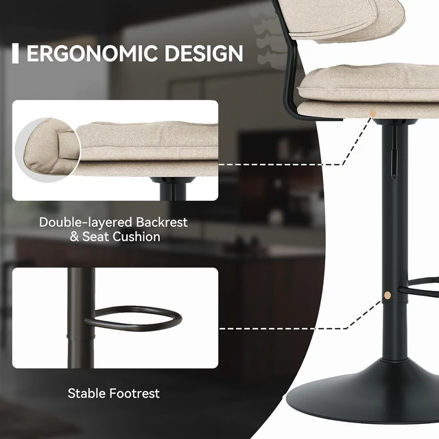 Alt view image 4 of 5 - Modern Bar Stools Set of 4, Spacious Ergonomic Double-Layer Cushion Upholstered Swivel Bar Stools with Backrest, Adjustable for Kitchen Island,Beige