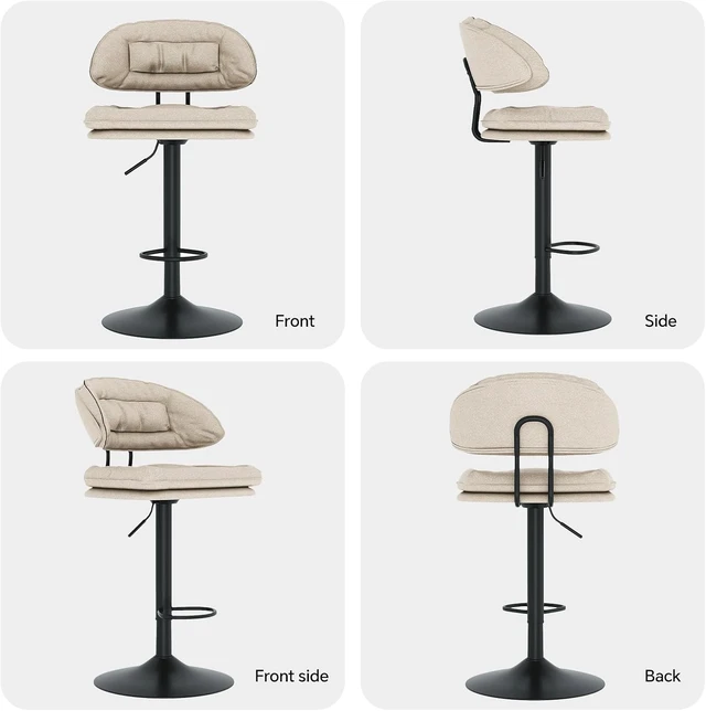 Alt view image 5 of 5 - Modern Bar Stools Set of 4, Spacious Ergonomic Double-Layer Cushion Upholstered Swivel Bar Stools with Backrest, Adjustable for Kitchen Island,Beige