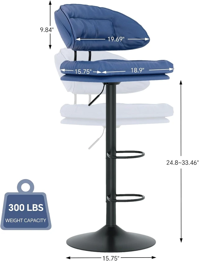 Alt view image 2 of 5 - Modern Bar Stools Set of 4, Spacious Ergonomic Double-Layer Cushion Upholstered Swivel Bar Stools with Backrest, Adjustable for Kitchen Island,Blue