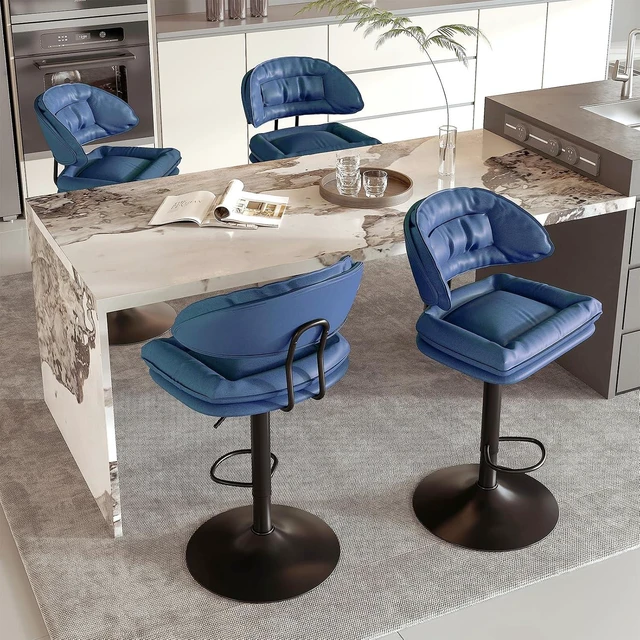 Main image of Modern Bar Stools Set of 4, Spacious Ergonomic Double-Layer Cushion Upholstered Swivel Bar Stools with Backrest, Adjustable for Kitchen Island,Blue