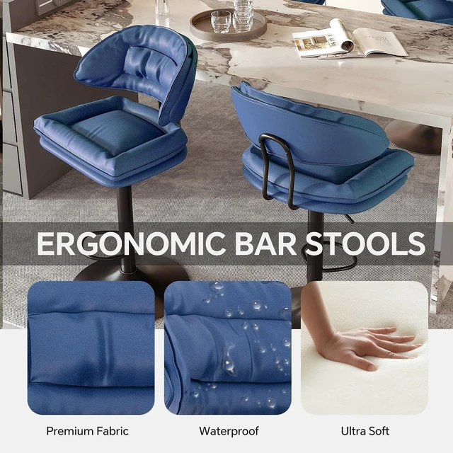 Alt view image 3 of 5 - Modern Bar Stools Set of 4, Spacious Ergonomic Double-Layer Cushion Upholstered Swivel Bar Stools with Backrest, Adjustable for Kitchen Island,Blue