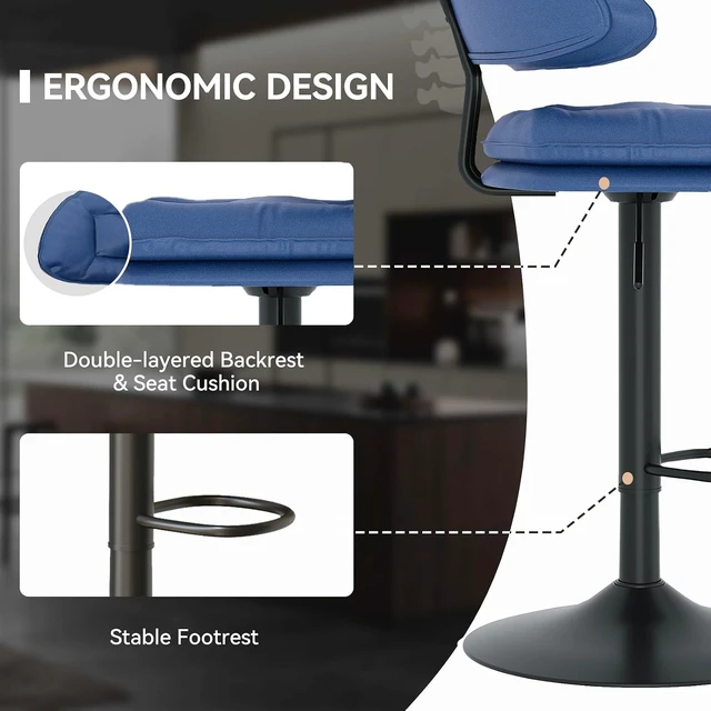 Alt view image 4 of 5 - Modern Bar Stools Set of 4, Spacious Ergonomic Double-Layer Cushion Upholstered Swivel Bar Stools with Backrest, Adjustable for Kitchen Island,Blue