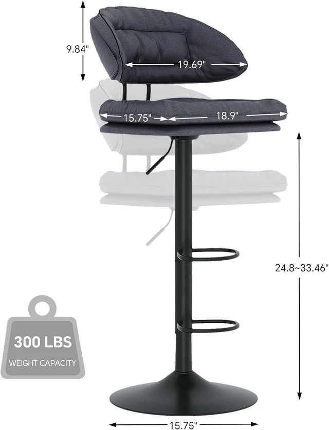 Alt view image 2 of 5 - Modern Bar Stools Set of 4, Spacious Ergonomic Double-Layer Cushion Upholstered Swivel Bar Stools with Backrest, Adjustable for Kitchen Island,Charcoal Black