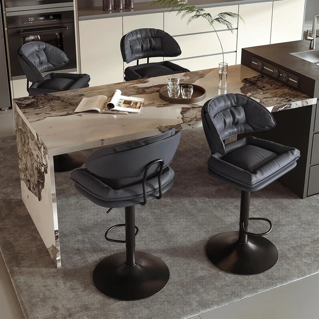 Main image of Modern Bar Stools Set of 4, Spacious Ergonomic Double-Layer Cushion Upholstered Swivel Bar Stools with Backrest, Adjustable for Kitchen Island,Charcoal Black