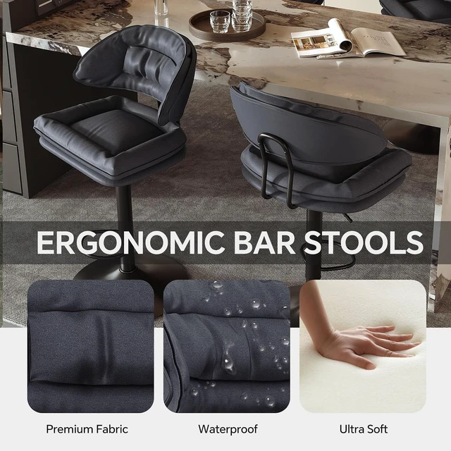 Alt view image 3 of 5 - Modern Bar Stools Set of 4, Spacious Ergonomic Double-Layer Cushion Upholstered Swivel Bar Stools with Backrest, Adjustable for Kitchen Island,Charcoal Black