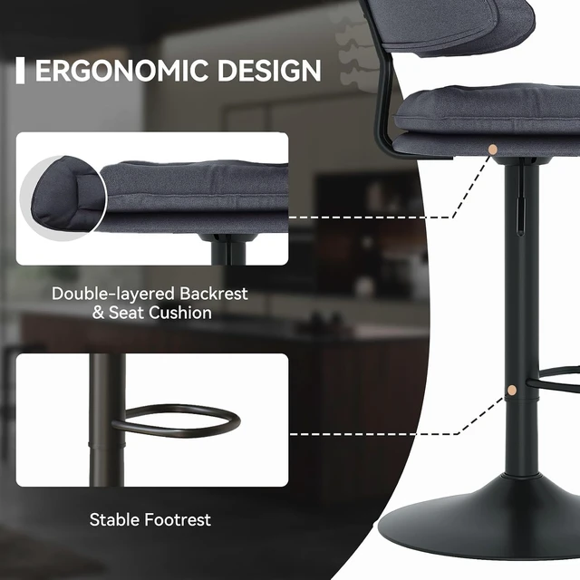 Alt view image 4 of 5 - Modern Bar Stools Set of 4, Spacious Ergonomic Double-Layer Cushion Upholstered Swivel Bar Stools with Backrest, Adjustable for Kitchen Island,Charcoal Black