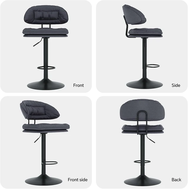 Alt view image 5 of 5 - Modern Bar Stools Set of 4, Spacious Ergonomic Double-Layer Cushion Upholstered Swivel Bar Stools with Backrest, Adjustable for Kitchen Island,Charcoal Black
