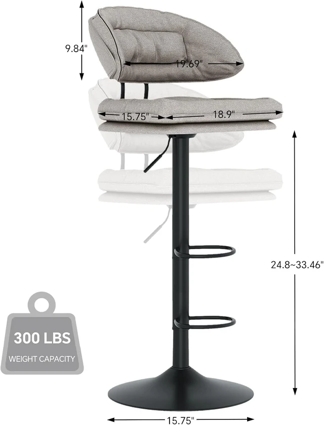 Alt view image 2 of 5 - Modern Bar Stools Set of 4, Spacious Ergonomic Double-Layer Cushion Upholstered Swivel Bar Stools with Backrest, Adjustable for Kitchen Island,Light Grey