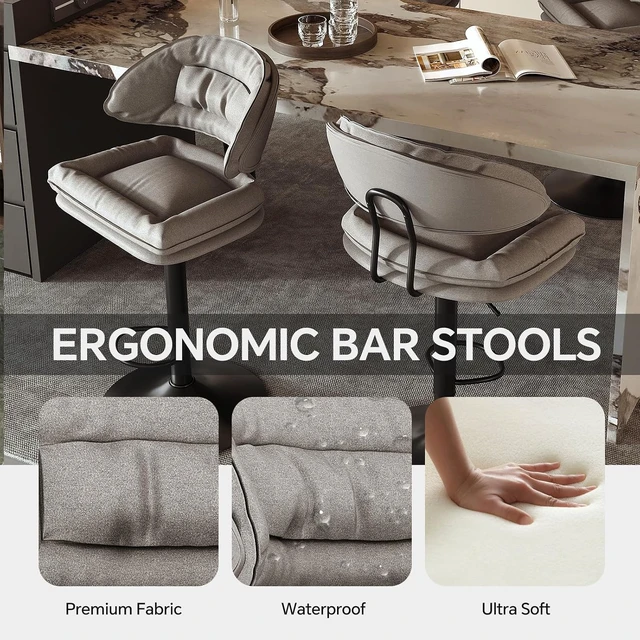 Alt view image 3 of 5 - Modern Bar Stools Set of 4, Spacious Ergonomic Double-Layer Cushion Upholstered Swivel Bar Stools with Backrest, Adjustable for Kitchen Island,Light Grey