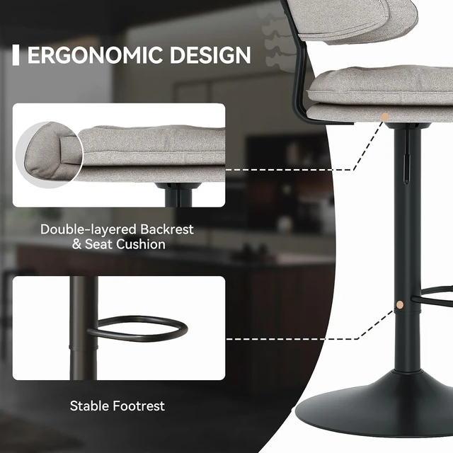 Alt view image 4 of 5 - Modern Bar Stools Set of 4, Spacious Ergonomic Double-Layer Cushion Upholstered Swivel Bar Stools with Backrest, Adjustable for Kitchen Island,Light Grey