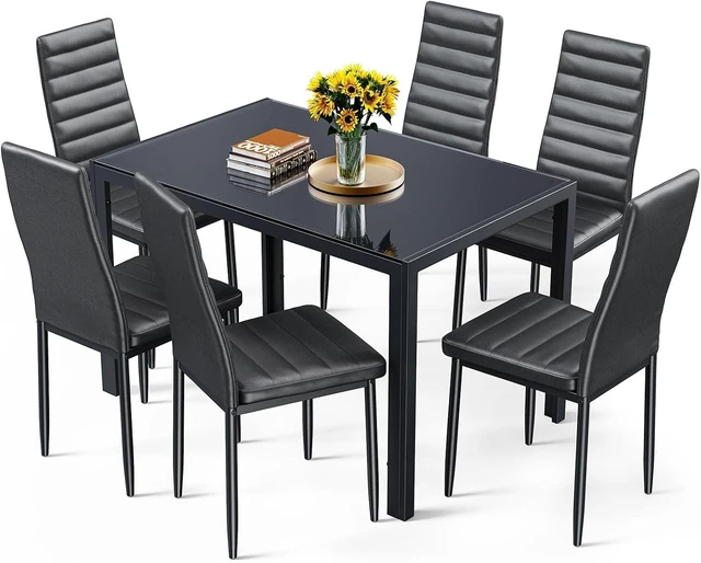 Main image of Kitchen Dining Table Set for 6, Tempered Glass 7 Piece - Black