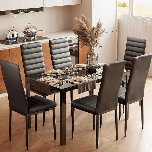 Alt view image 2 of 7 - Kitchen Dining Table Set for 6, Tempered Glass 7 Piece - Black