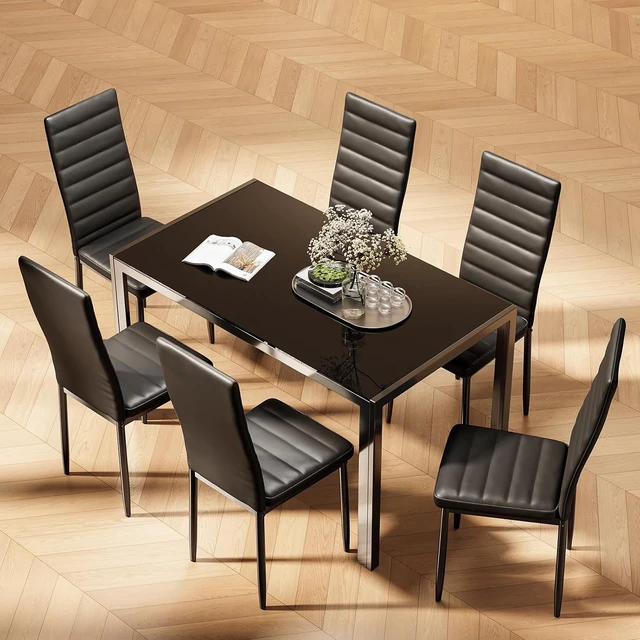 Alt view image 7 of 7 - Kitchen Dining Table Set for 6, Tempered Glass 7 Piece - Black