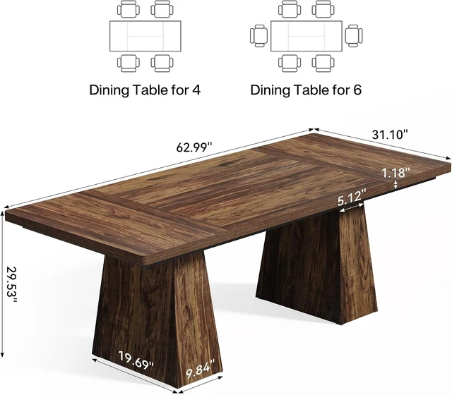 Alt view image 2 of 7 - Dining Table for 4-6 People, Wooden Table, Rectangle Furniture with Heavy Duty Legs, Modern Kitchen Table for Home, Dining Room, Brown