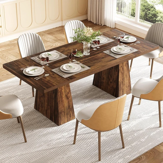Alt view image 4 of 7 - Dining Table for 4-6 People, Wooden Table, Rectangle Furniture with Heavy Duty Legs, Modern Kitchen Table for Home, Dining Room, Brown