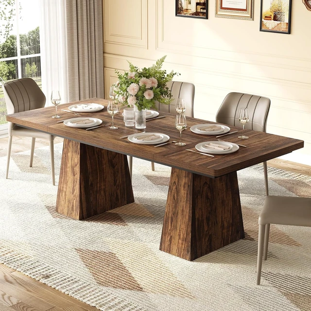 Alt view image 5 of 7 - Dining Table for 4-6 People, Wooden Table, Rectangle Furniture with Heavy Duty Legs, Modern Kitchen Table for Home, Dining Room, Brown
