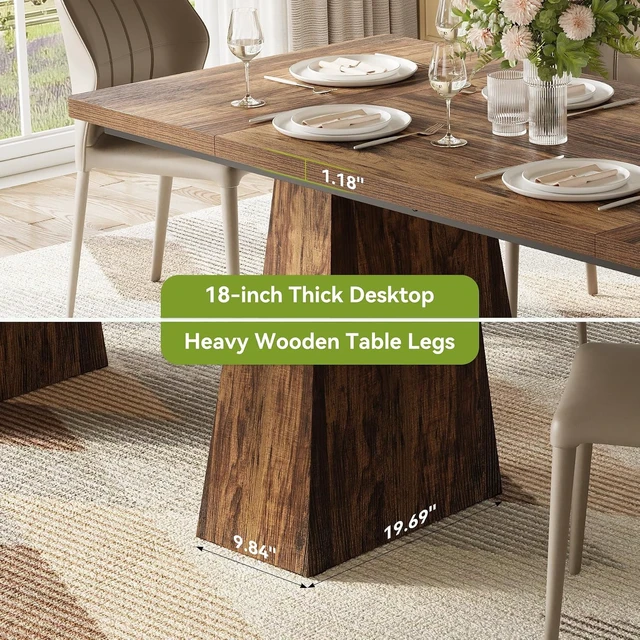 Alt view image 6 of 7 - Dining Table for 4-6 People, Wooden Table, Rectangle Furniture with Heavy Duty Legs, Modern Kitchen Table for Home, Dining Room, Brown