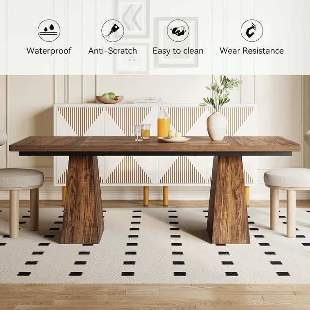 Alt view image 7 of 7 - Dining Table for 4-6 People, Wooden Table, Rectangle Furniture with Heavy Duty Legs, Modern Kitchen Table for Home, Dining Room, Brown