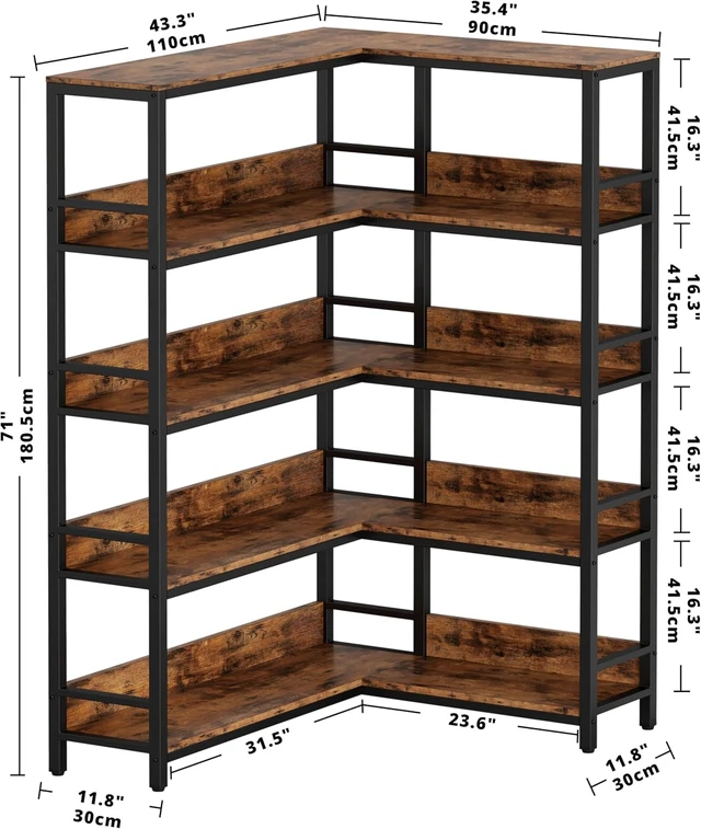 Alt view image 3 of 7 - Corner Shelf 5 Tiers 70LB Capacity L-Shaped Bookshelf