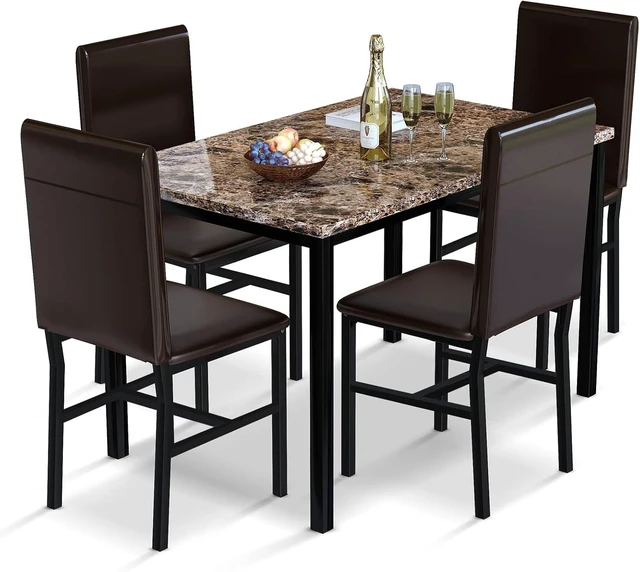 Main image of Dining Table Set for 4, Faux Marble Table & 4 Leather Chair Set, Brown
