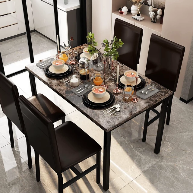 Alt view image 2 of 7 - Dining Table Set for 4, Faux Marble Table & 4 Leather Chair Set, Brown