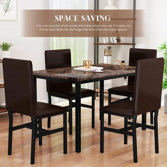 Alt view image 3 of 7 - Dining Table Set for 4, Faux Marble Table & 4 Leather Chair Set, Brown