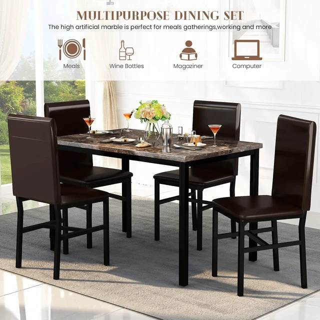 Alt view image 6 of 7 - Dining Table Set for 4, Faux Marble Table & 4 Leather Chair Set, Brown