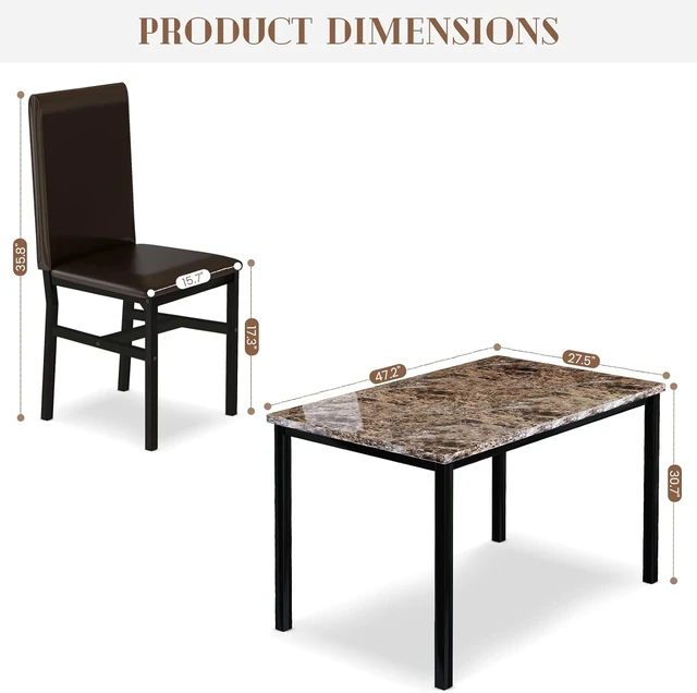 Alt view image 7 of 7 - Dining Table Set for 4, Faux Marble Table & 4 Leather Chair Set, Brown