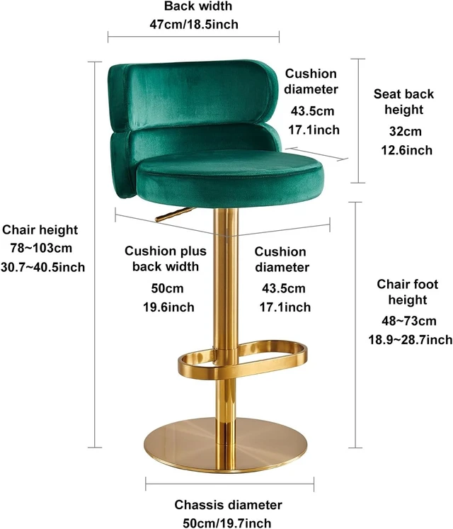 Alt view image 2 of 6 - Modern Velvet Bar Stool, Swivel Adjustable Height Kitchen Counter Stool with Back and Footrest, Upholstered Kitchen Island Chair with Gold Base, Green, 1 Pc
