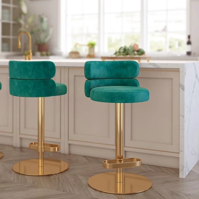 Main image of Modern Velvet Bar Stool, Swivel Adjustable Height Kitchen Counter Stool with Back and Footrest, Upholstered Kitchen Island Chair with Gold Base, Green, 1 Pc