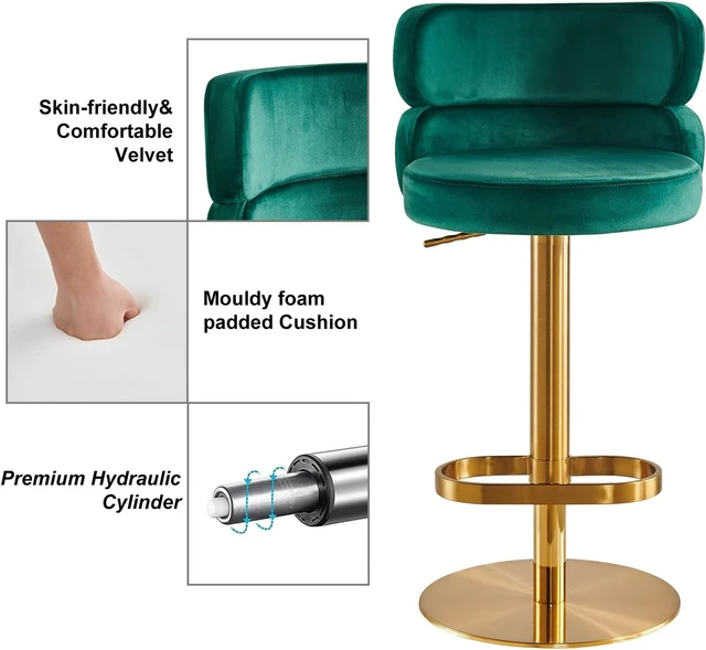 Alt view image 3 of 6 - Modern Velvet Bar Stool, Swivel Adjustable Height Kitchen Counter Stool with Back and Footrest, Upholstered Kitchen Island Chair with Gold Base, Green, 1 Pc