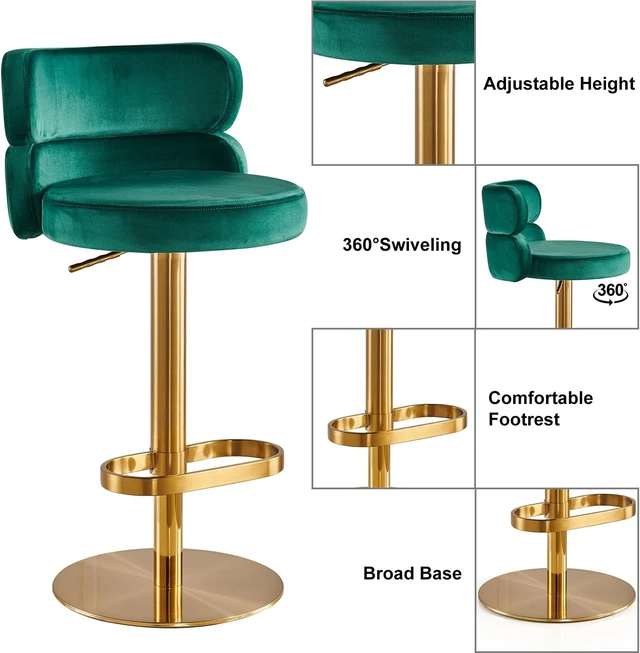 Alt view image 4 of 6 - Modern Velvet Bar Stool, Swivel Adjustable Height Kitchen Counter Stool with Back and Footrest, Upholstered Kitchen Island Chair with Gold Base, Green, 1 Pc