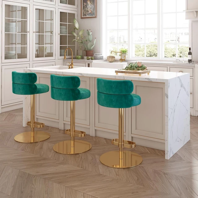 Alt view image 5 of 6 - Modern Velvet Bar Stool, Swivel Adjustable Height Kitchen Counter Stool with Back and Footrest, Upholstered Kitchen Island Chair with Gold Base, Green, 1 Pc