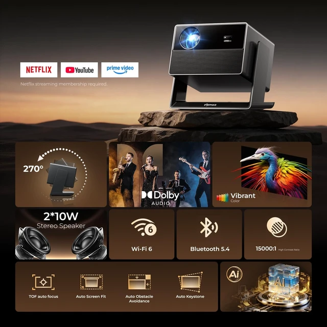 Alt view image 3 of 7 - Smart 4K Projector with WiFi and Bluetooth for Indoor Outdoor