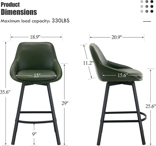 Alt view image 2 of 7 - Swivel Counter Stools Set of 2, Green Bar Stools for Kitchen Island