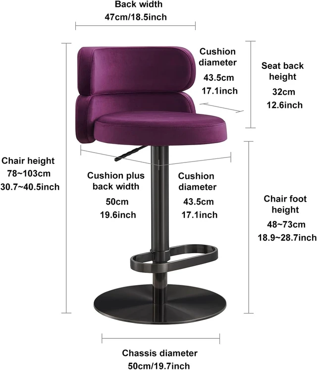 Alt view image 2 of 5 - Modern Velvet Bar Stool, Swivel Adjustable Height Kitchen Counter Stool with Back and Footrest, Upholstered Kitchen Island Chair with Metal Base, Purple, 1 Pc