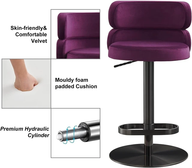 Alt view image 3 of 5 - Modern Velvet Bar Stool, Swivel Adjustable Height Kitchen Counter Stool with Back and Footrest, Upholstered Kitchen Island Chair with Metal Base, Purple, 1 Pc