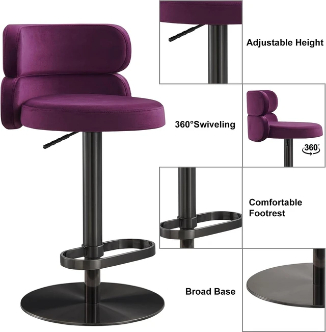 Alt view image 4 of 5 - Modern Velvet Bar Stool, Swivel Adjustable Height Kitchen Counter Stool with Back and Footrest, Upholstered Kitchen Island Chair with Metal Base, Purple, 1 Pc