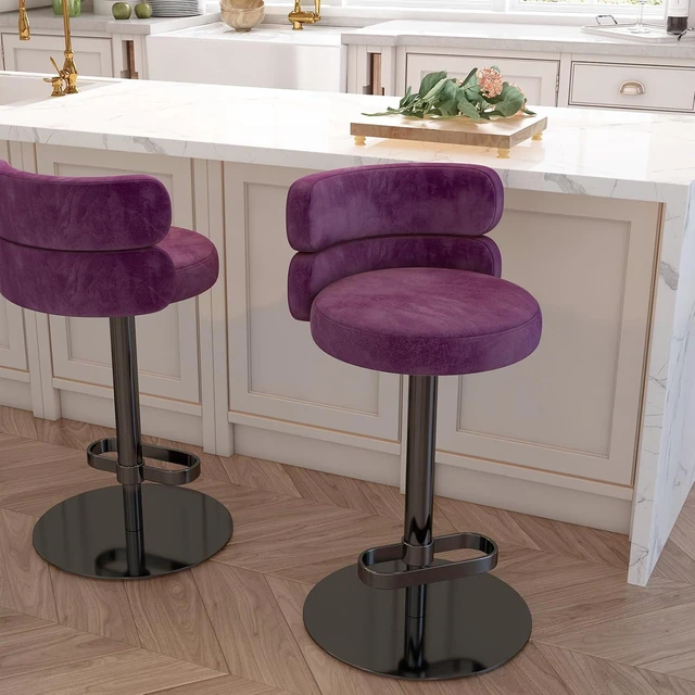Alt view image 5 of 5 - Modern Velvet Bar Stool, Swivel Adjustable Height Kitchen Counter Stool with Back and Footrest, Upholstered Kitchen Island Chair with Metal Base, Purple, 1 Pc