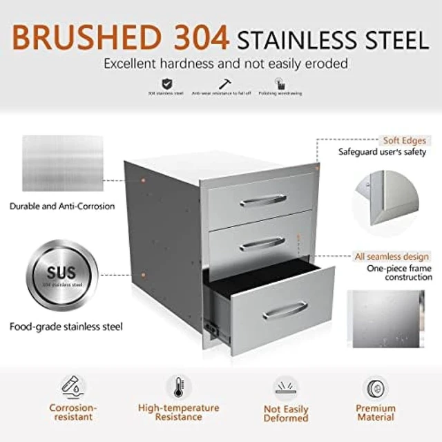 Alt view image 3 of 6 - Outdoor Kitchen Drawer BBQ Drawer Outdoor Kitchen Access Drawers Horizontal- Stainless Steel Double Drawers for Outdoor Kitchen Grilling Station Or BBQ Island,20Wx23Dx27H