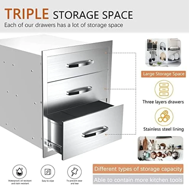 Alt view image 4 of 6 - Outdoor Kitchen Drawer BBQ Drawer Outdoor Kitchen Access Drawers Horizontal- Stainless Steel Double Drawers for Outdoor Kitchen Grilling Station Or BBQ Island,20Wx23Dx27H