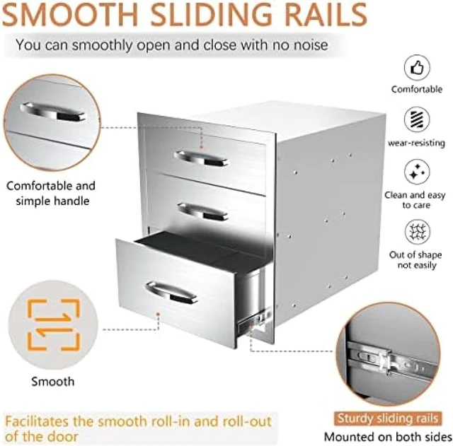 Alt view image 5 of 6 - Outdoor Kitchen Drawer BBQ Drawer Outdoor Kitchen Access Drawers Horizontal- Stainless Steel Double Drawers for Outdoor Kitchen Grilling Station Or BBQ Island,20Wx23Dx27H