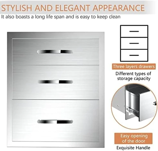 Alt view image 6 of 6 - Outdoor Kitchen Drawer BBQ Drawer Outdoor Kitchen Access Drawers Horizontal- Stainless Steel Double Drawers for Outdoor Kitchen Grilling Station Or BBQ Island,20Wx23Dx27H