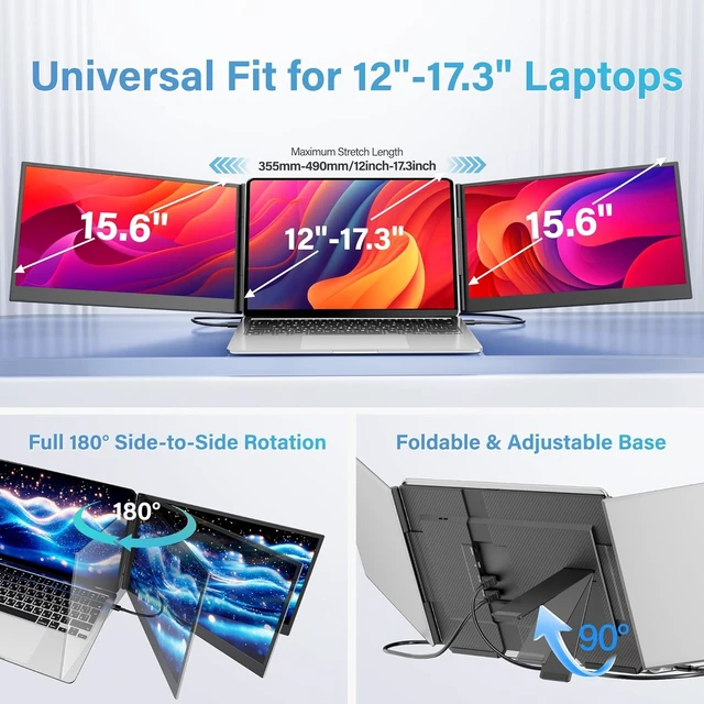 Alt view image 6 of 7 - 15.6" Laptop Screen Extender New Upgraded Ultra-Thin & Light, Triple Portable Monitor 1080P FHD IPS, USB-C/HDMI Plug & Play for 13-17.3" Laptop, Travel Monitor Extender for Windows/Mac/Chrome