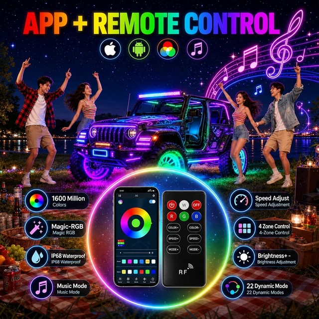 Alt view image 2 of 7 - 4Pcs 17" Double Side Double Row RGB+White Wheel Lights for Truck Car,5184 LEDs Wheel Weel Ring Tire Rim Lighting kit,APP RF Remote Control,Music Timing DIY Modes,Brake Courtesy Function