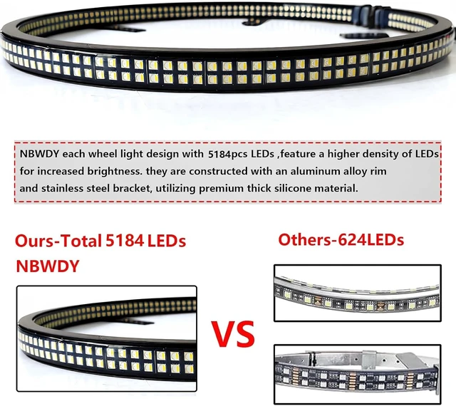 Alt view image 5 of 7 - 4Pcs 17" Double Side Double Row RGB+White Wheel Lights for Truck Car,5184 LEDs Wheel Weel Ring Tire Rim Lighting kit,APP RF Remote Control,Music Timing DIY Modes,Brake Courtesy Function